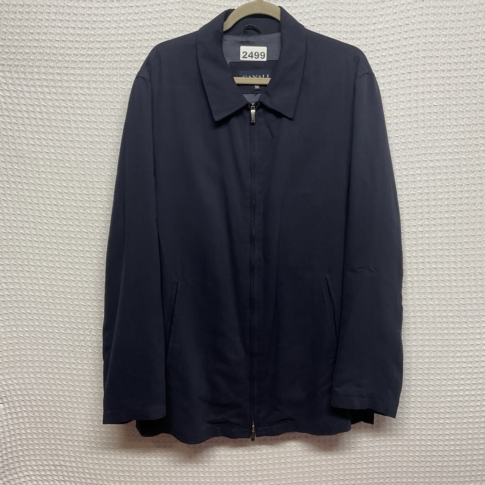 Canali 100% Silk Full Zip Jacket Mens Size 58 US-48 Large Navy Blue Lined
